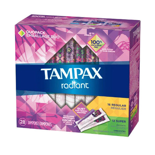 Tampax Radiant Duopack Regular/Super Absorbency Unscented Plastic Tampons, 28 Ea